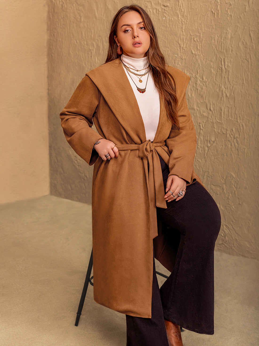 Plus Size Tied Long Sleeve Hooded Coat with Pockets 
