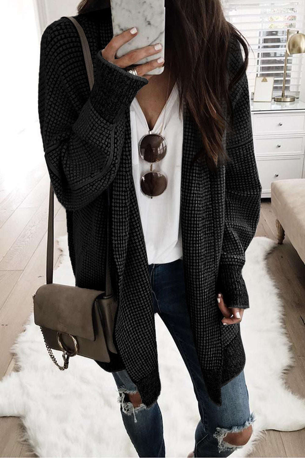 Gray Plaid Knitted Long Open Front Cardigan Sweaters & Cardigans/Cardigans