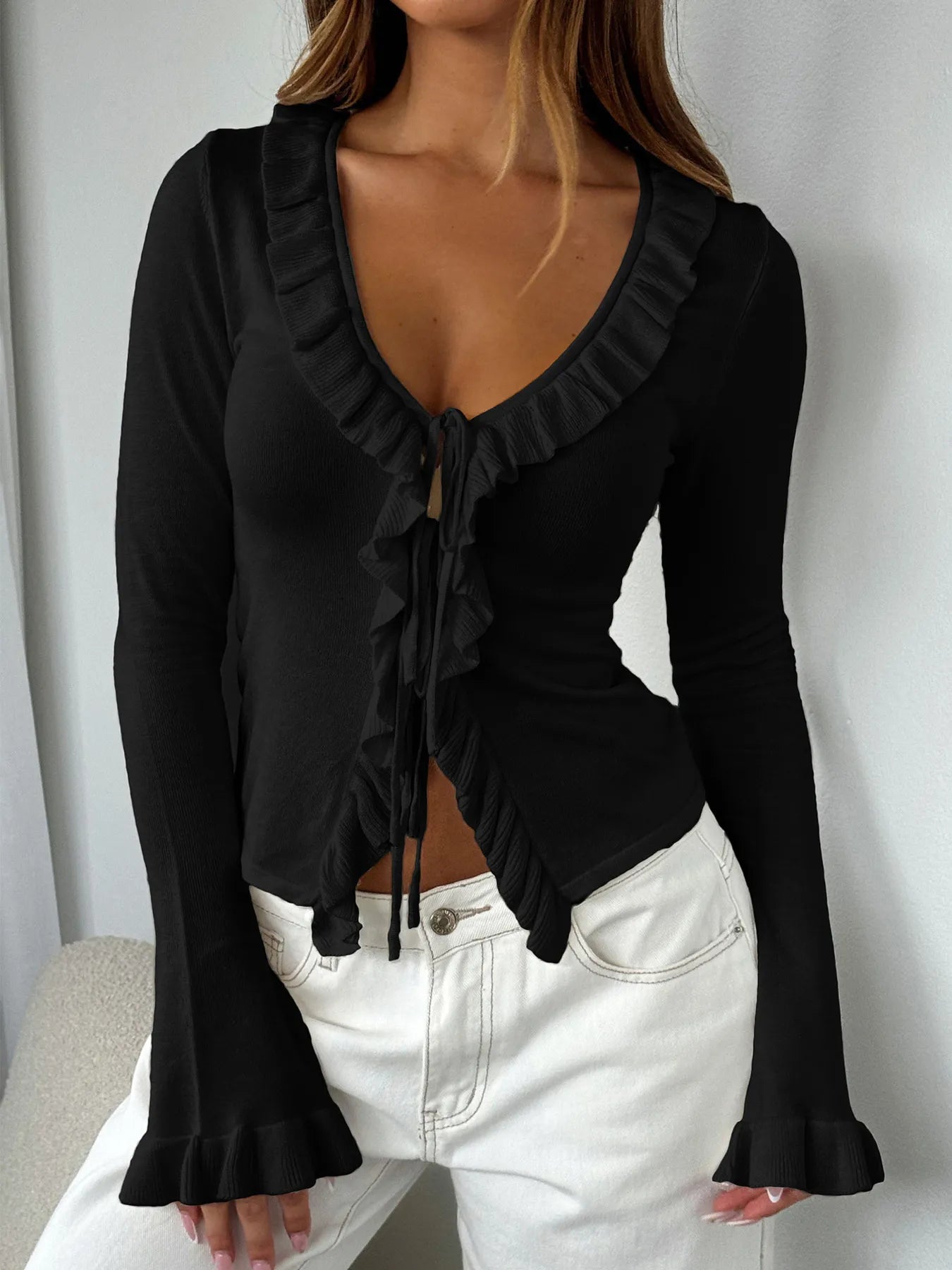 Ruffled Tie Front Flare Sleeve Shirt 