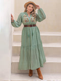 Plus Size Tassel Printed Tie Neck Long Sleeve Midi Dress 