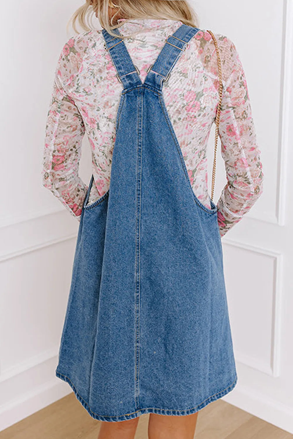Square Neck Wide Strap Denim Overall Dress 