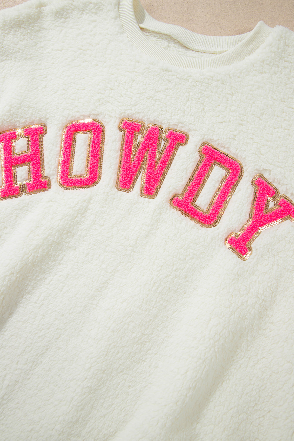 HOWDY Patched Round Neck Sherpa Sweatshirt 