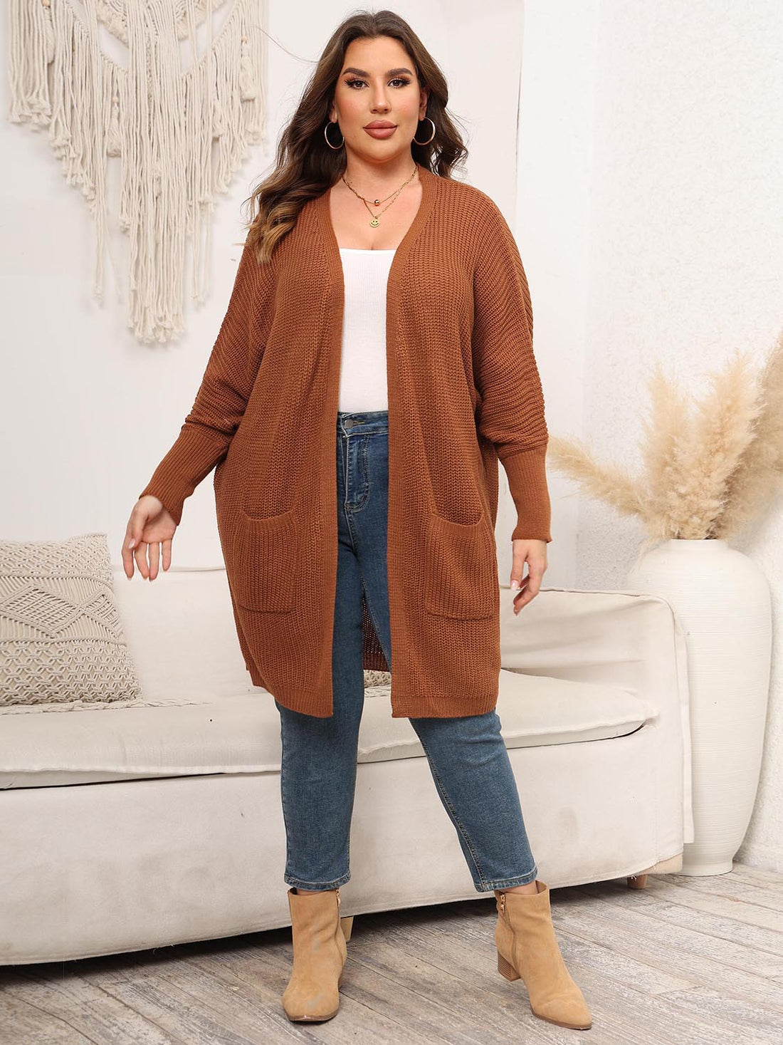 Plus Size Open Front Cardigan With Pockets 
