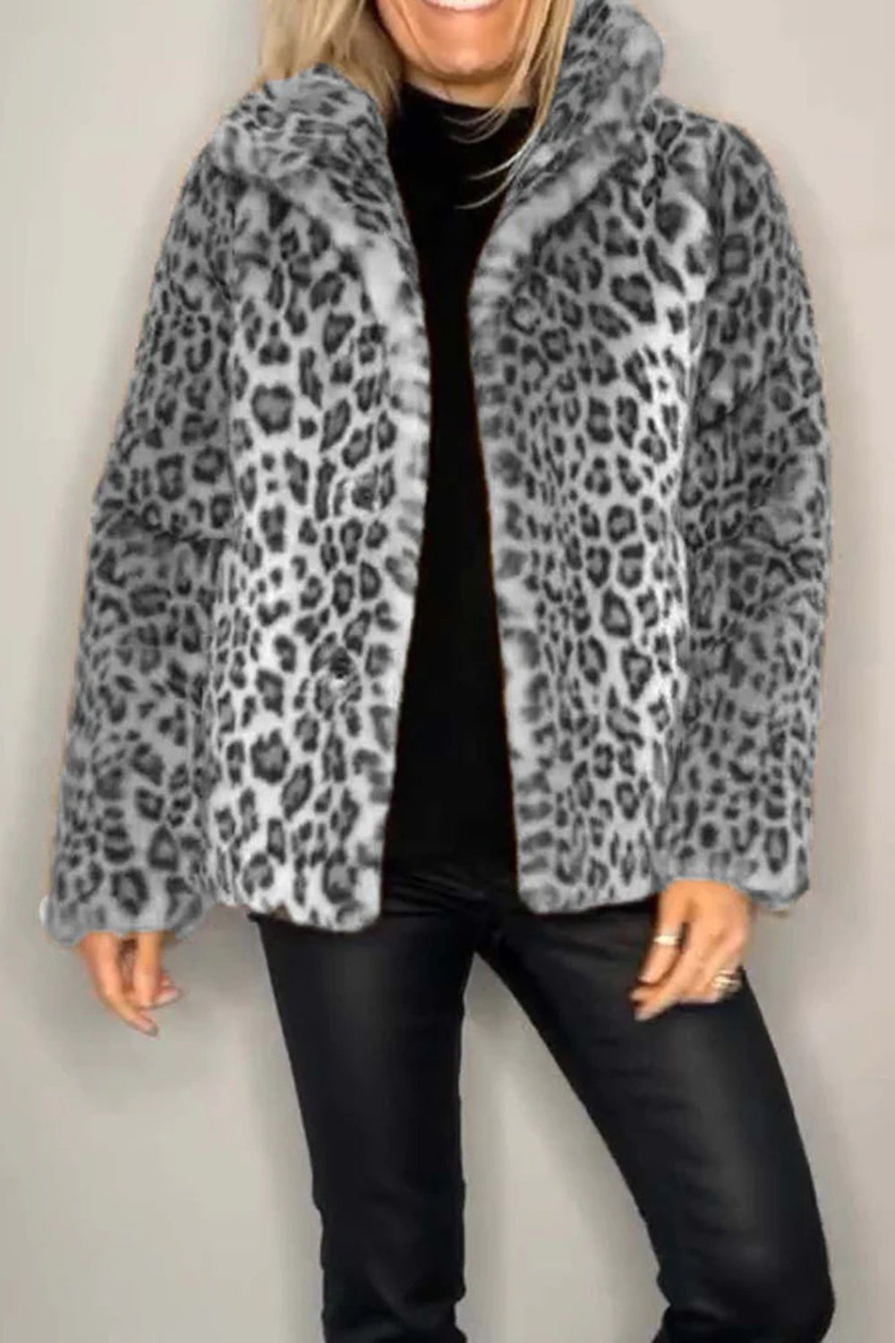 Full Size Leopard Furry Collared Neck Long Sleeve Coat 