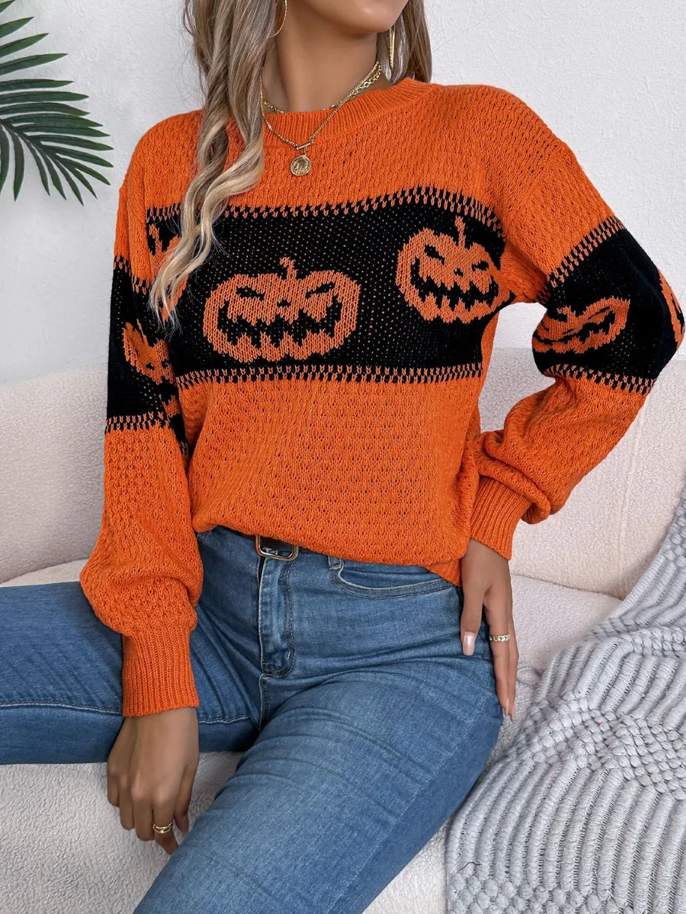 Pumpkin Round Neck Long Sleeve Sweater 