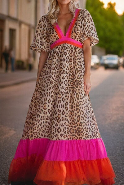 Full Size Leopard V-Neck Half Sleeve Maxi Dress Dresses