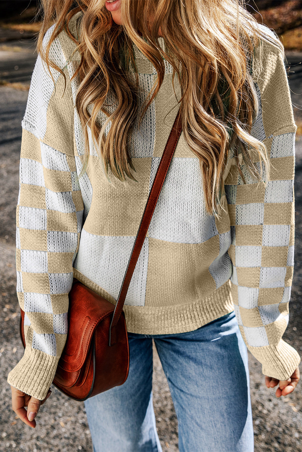Checkered Round Neck Drop Shoulder Sweater 