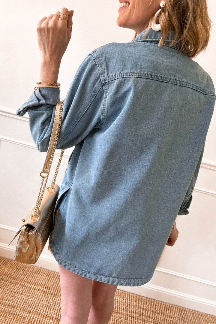 Dusk Blue Slit Buttons Pocketed Denim Jacket Outerwear/Denim jackets