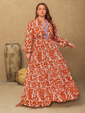 Plus Size Printed Notched Long Sleeve Maxi Dress 