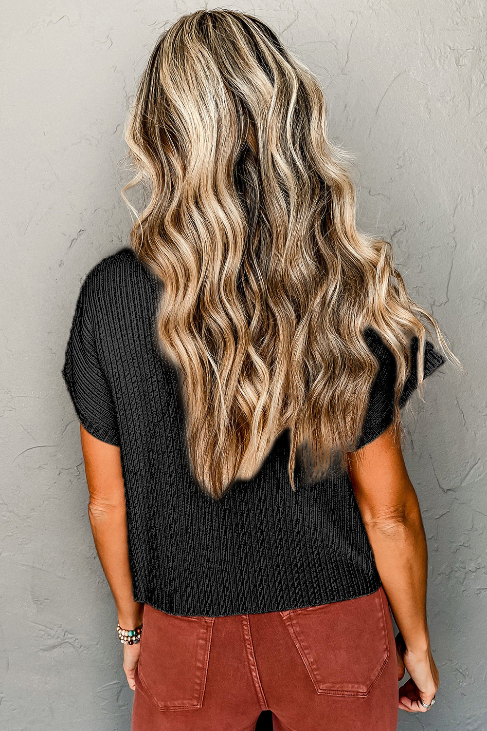 Black Patch Pocket Ribbed Knit Short Sleeve Sweater Sweaters & Cardigans/Short Sleeve Sweaters