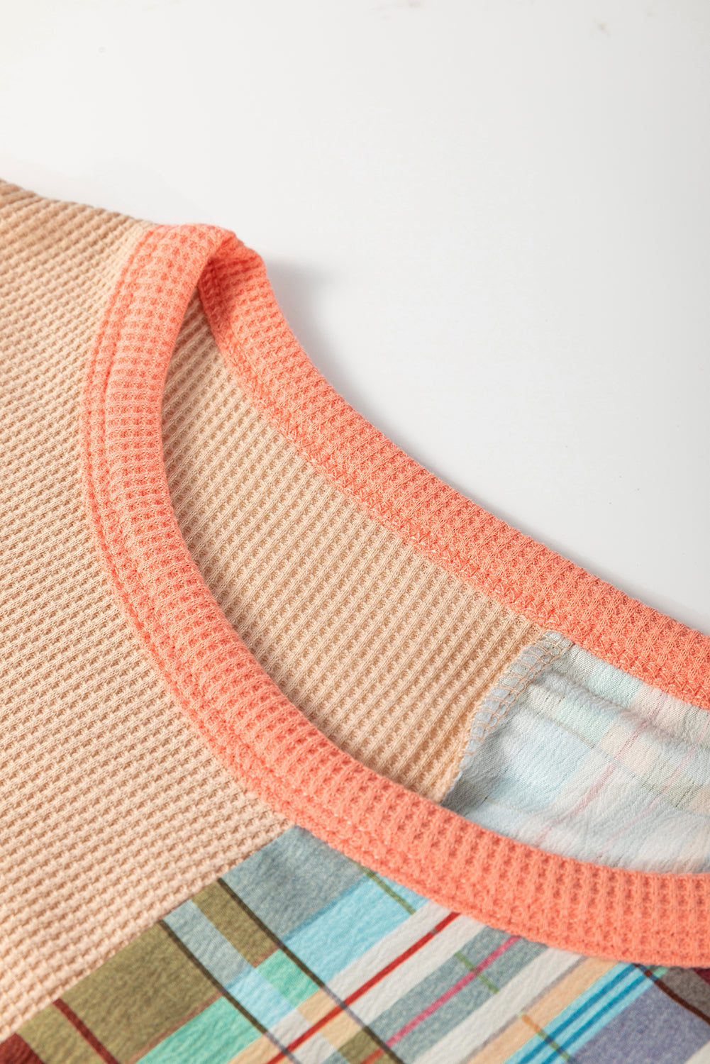 Multicolour Waffle Knit Plaid Patchwork Side Slits Loose Sweatshirt Tops/Sweatshirts & Hoodies