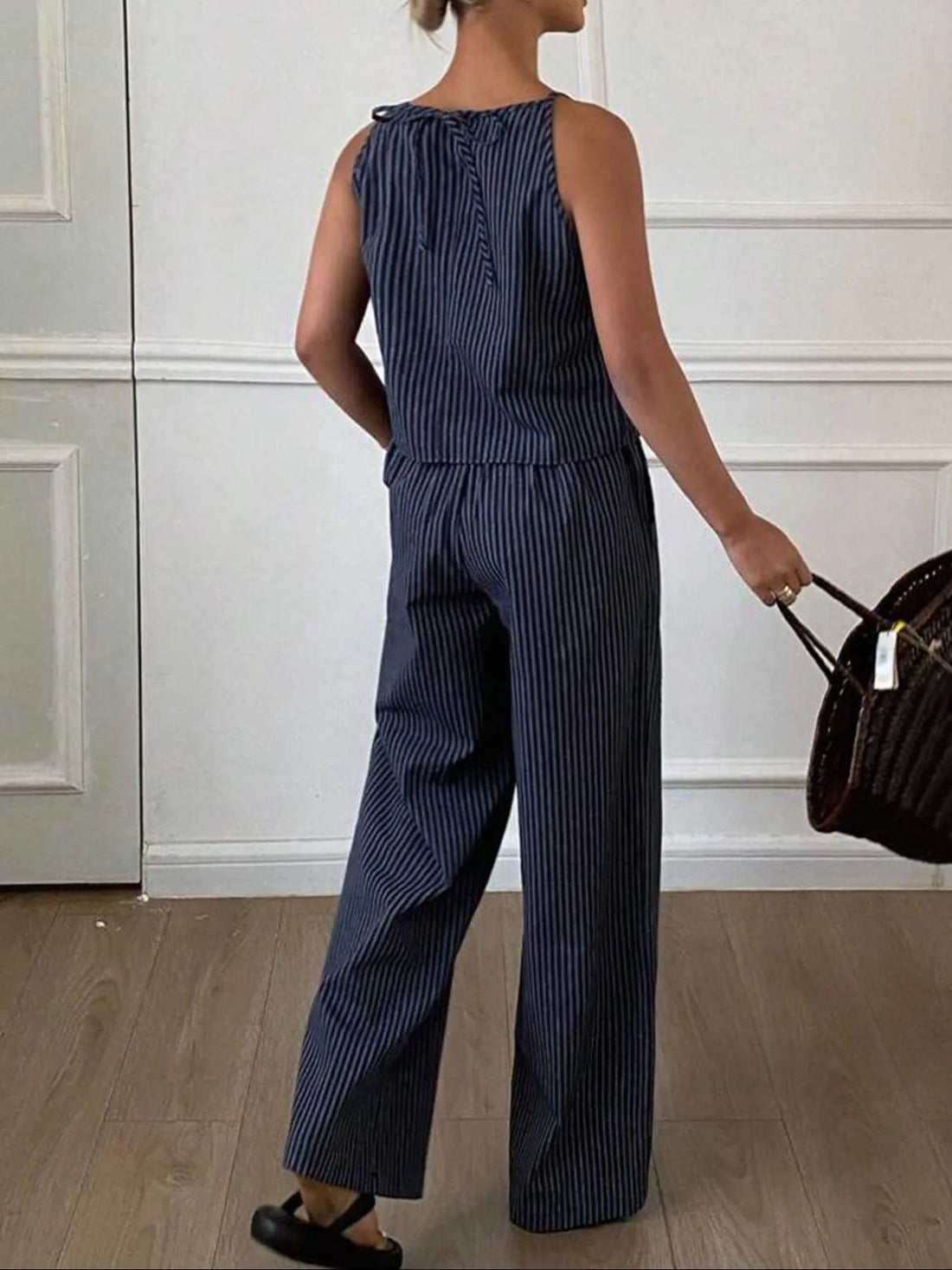 Striped Round Neck Tank and Wide Leg Pants Set Two Piece Dresses