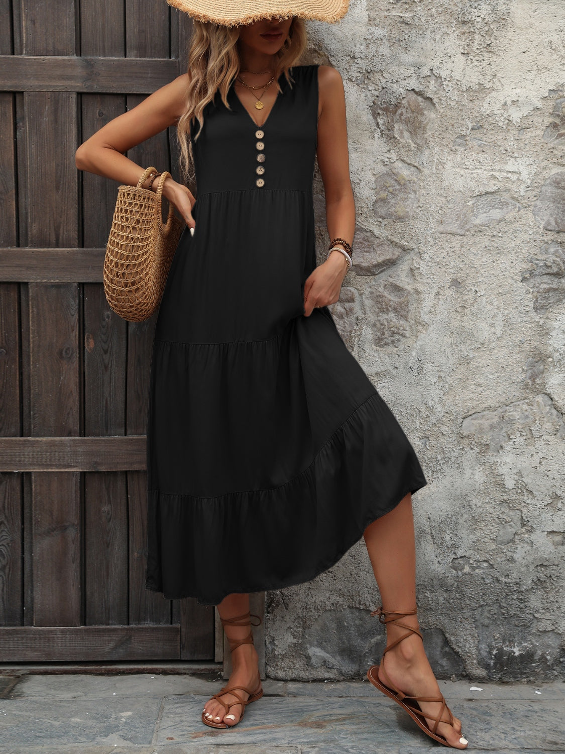 Ivy Lane Decorative Button Notched Sleeveless Dress 
