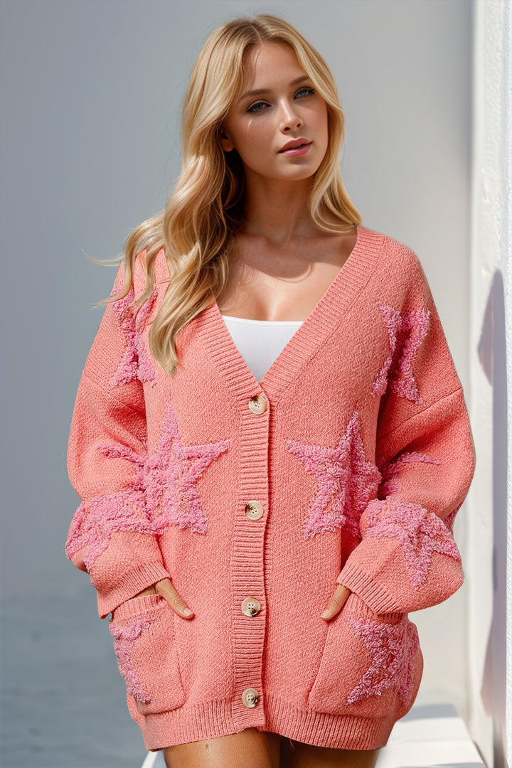 Double Take Full Size Button Up Star Pattern Cardigan 