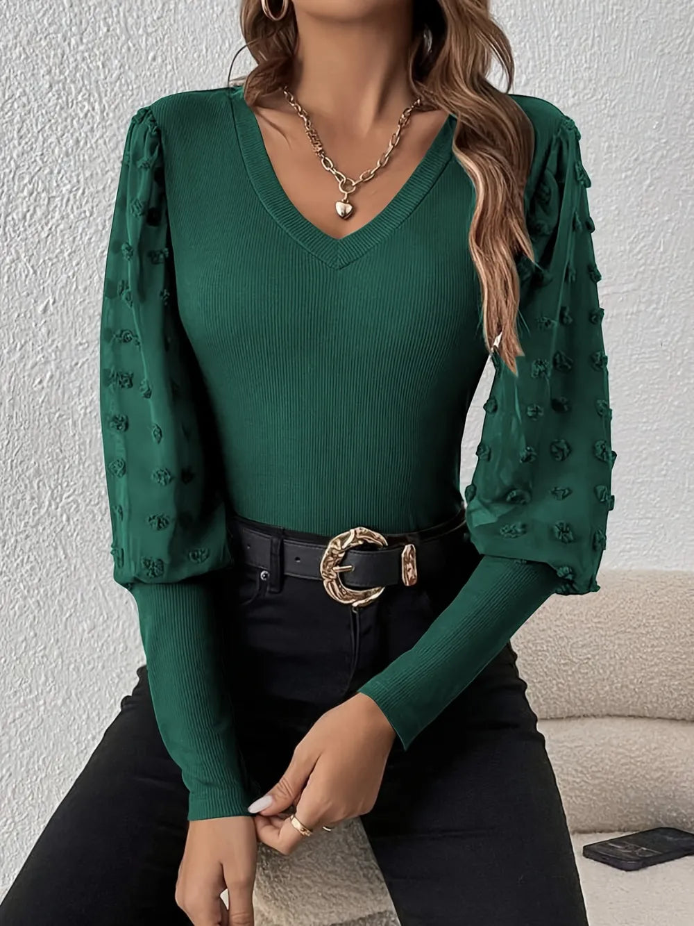 Swiss Dot V-Neck Long Sleeve Top 