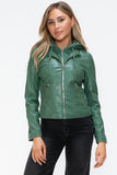 Snobbish Faux Leather Zip Up Drawstring Hooded Jacket 