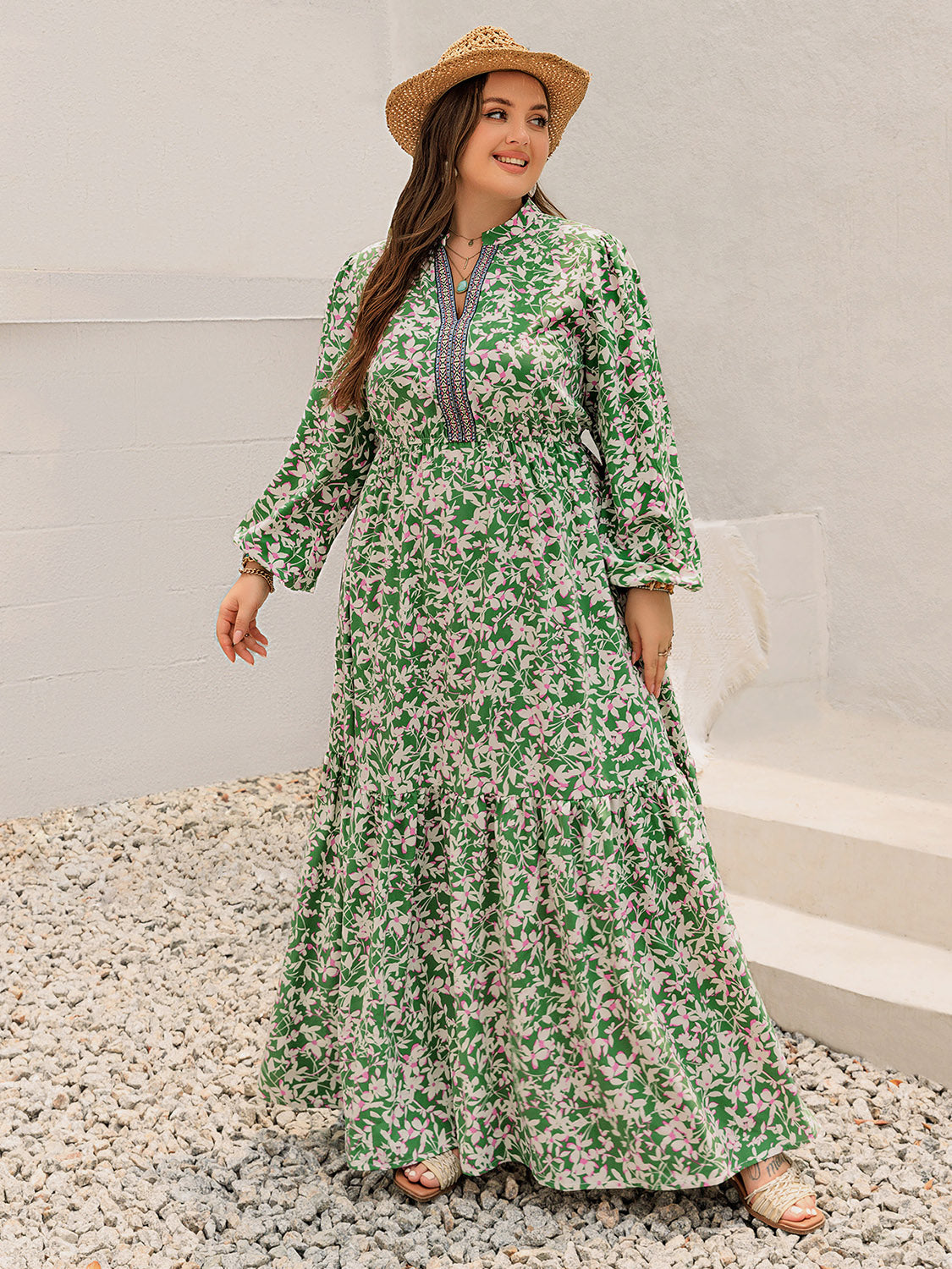 Plus Size Printed Notched Long Sleeve Maxi Dress 