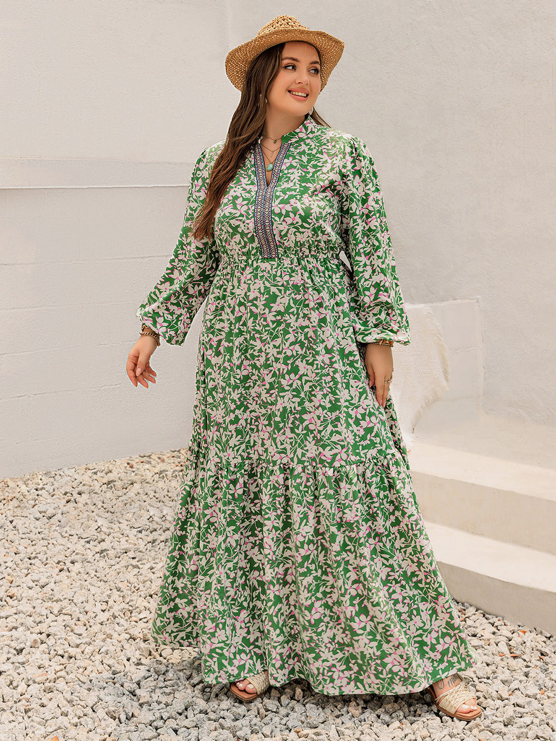 Plus Size Printed Notched Long Sleeve Maxi Dress 