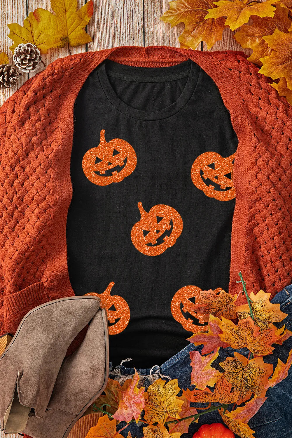 Full Size Glitter Jack-O'-Lantern Round Neck Short Sleeve T-Shirt 
