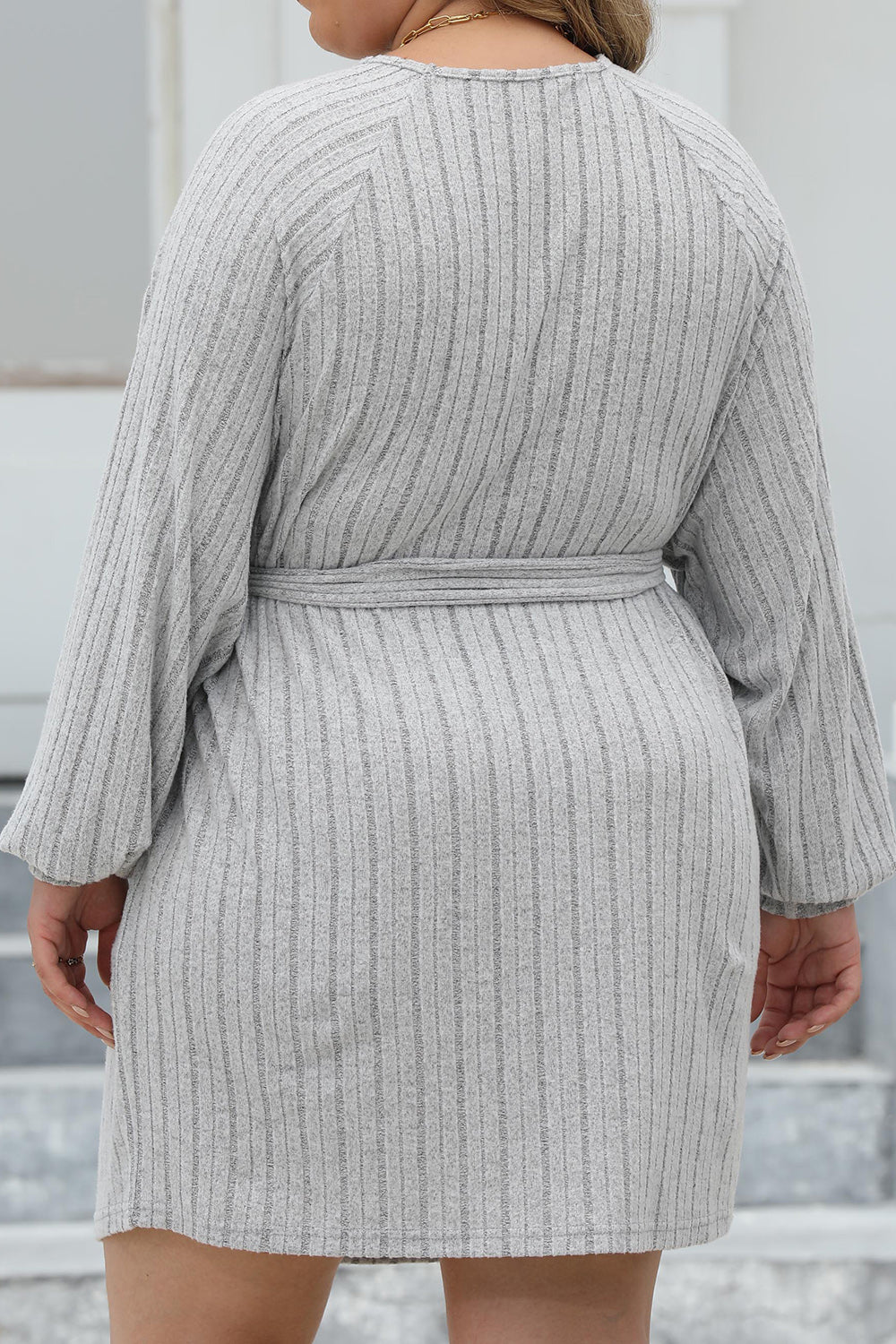 Plus Size Ribbed Tie Front Long Sleeve Sweater Dress 