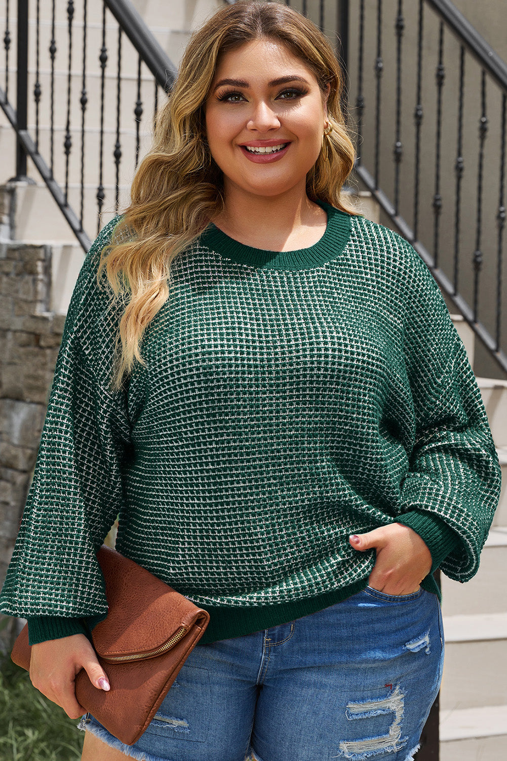 Plus Size Waffle-Knit Round Neck Dropped Shoulder Sweater 