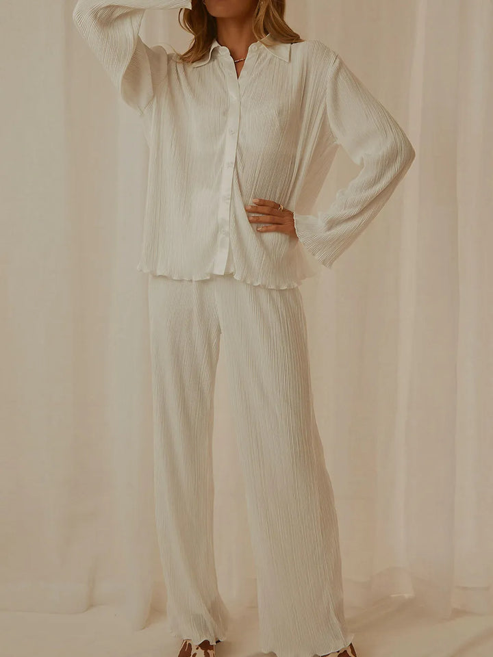 Collared Neck Long Sleeve Top and Pants Lounge Set Lingerie & Nightwear