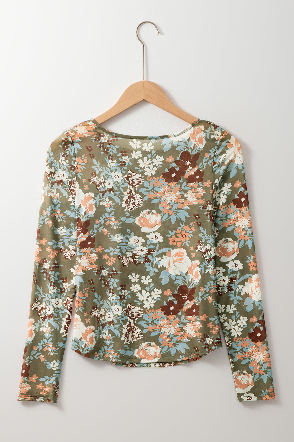 Green Floral Print Mesh Fitted Long Sleeve Top Tops/Long Sleeve Tops
