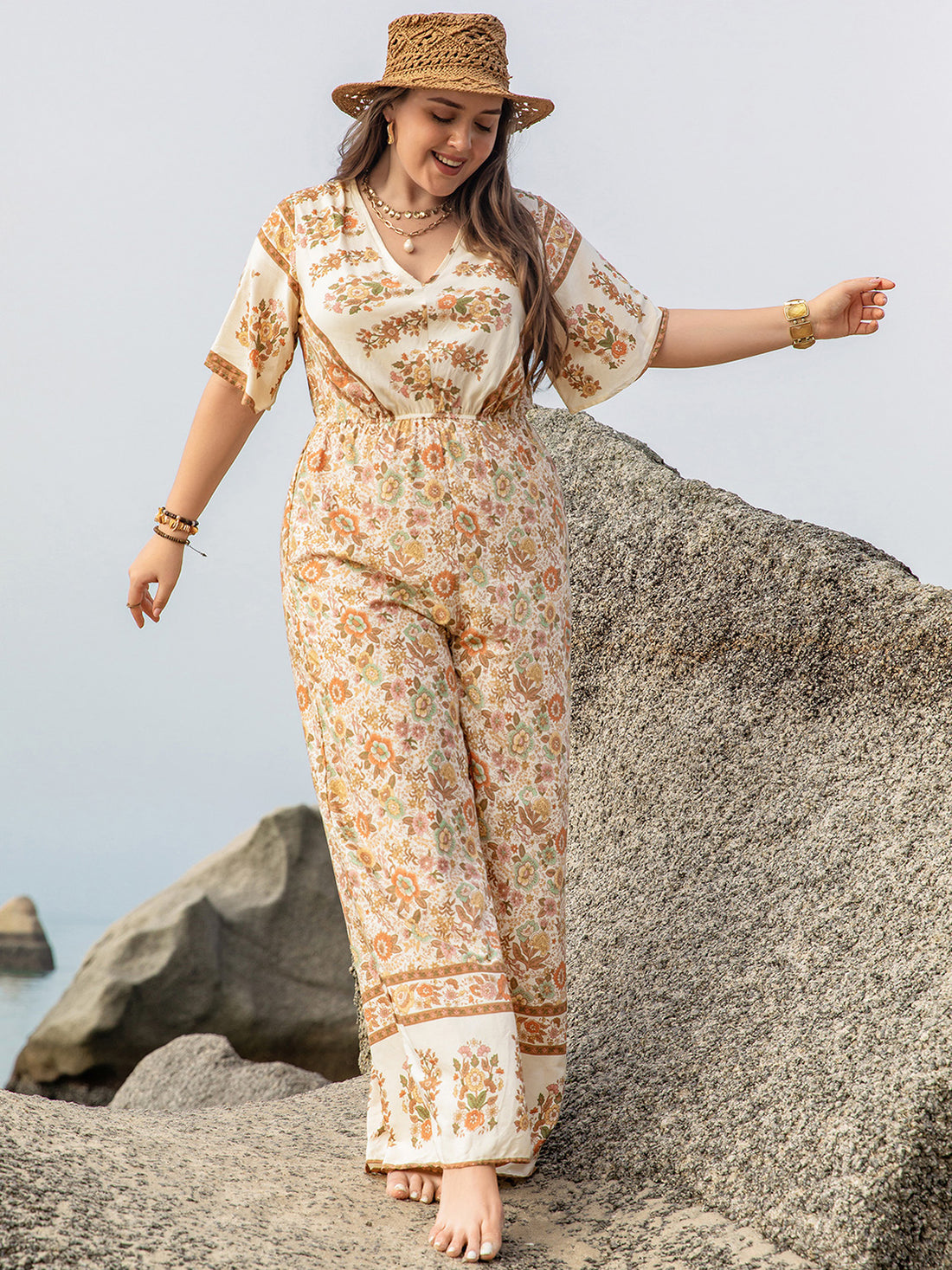 Plus Size V-Neck Flutter Sleeve Wide Leg Jumpsuit 