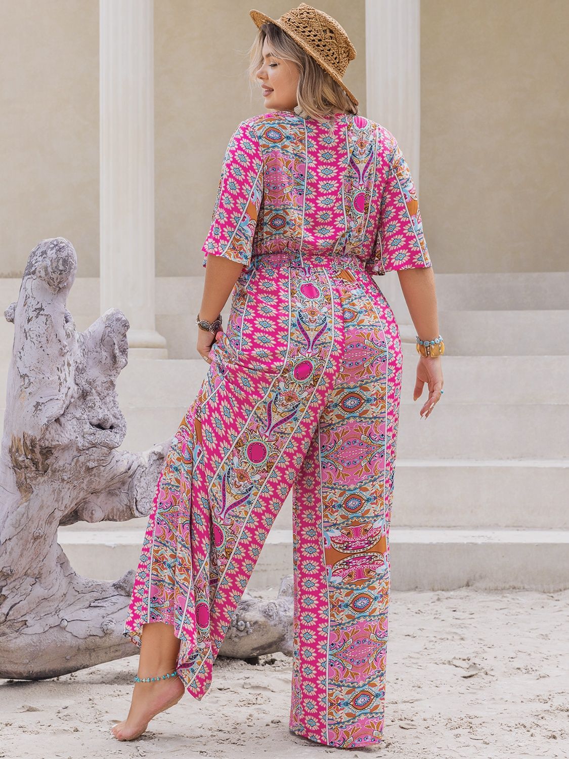 Plus Size Printed Half Sleeve Wide Leg Jumpsuit 