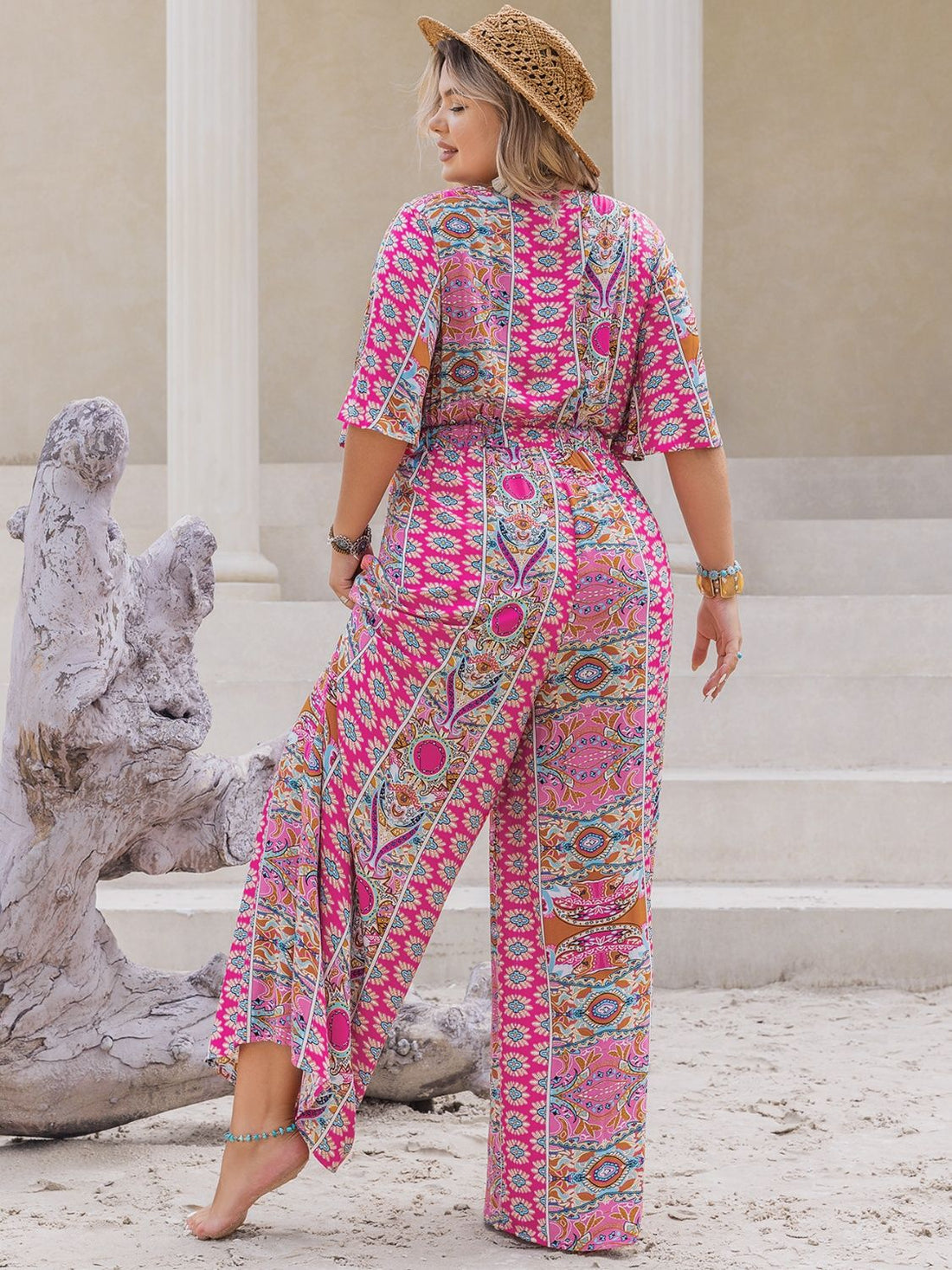Plus Size Printed Half Sleeve Wide Leg Jumpsuit 