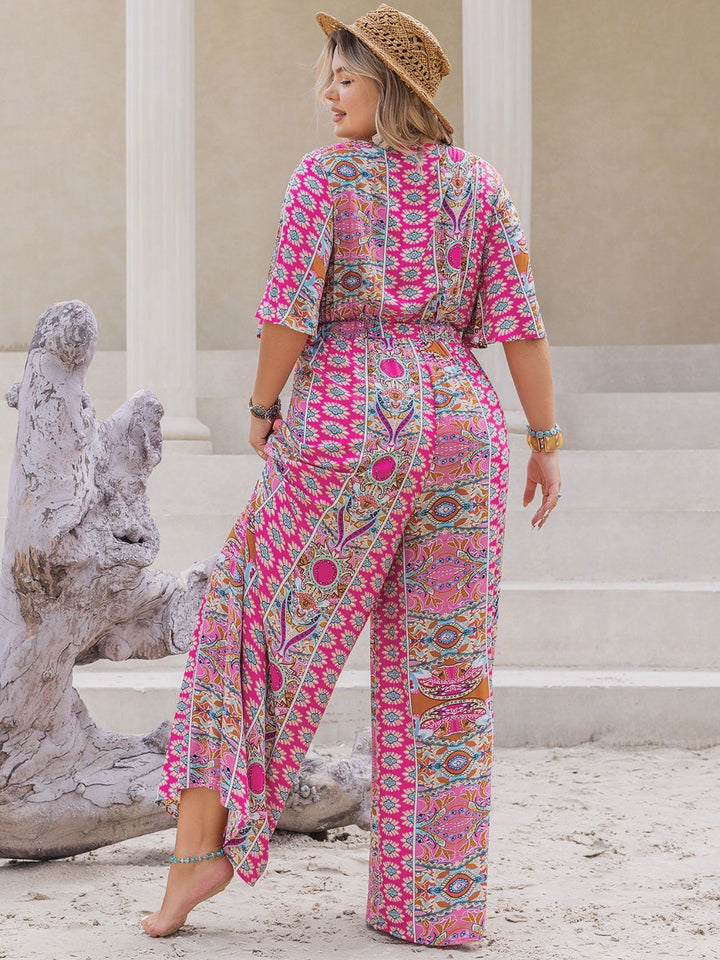 Plus Size Printed Half Sleeve Wide Leg Jumpsuit 