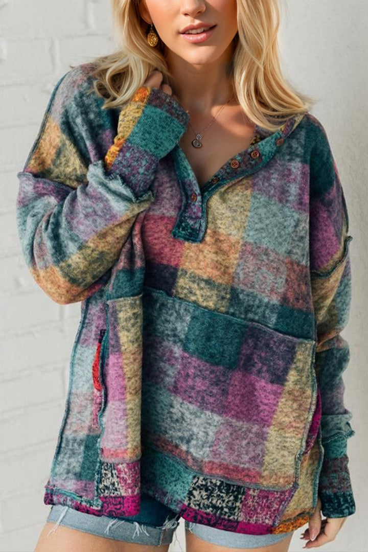 Double Take Full Size Half Button Thumbhole Long Sleeve Fleece Hoodie 