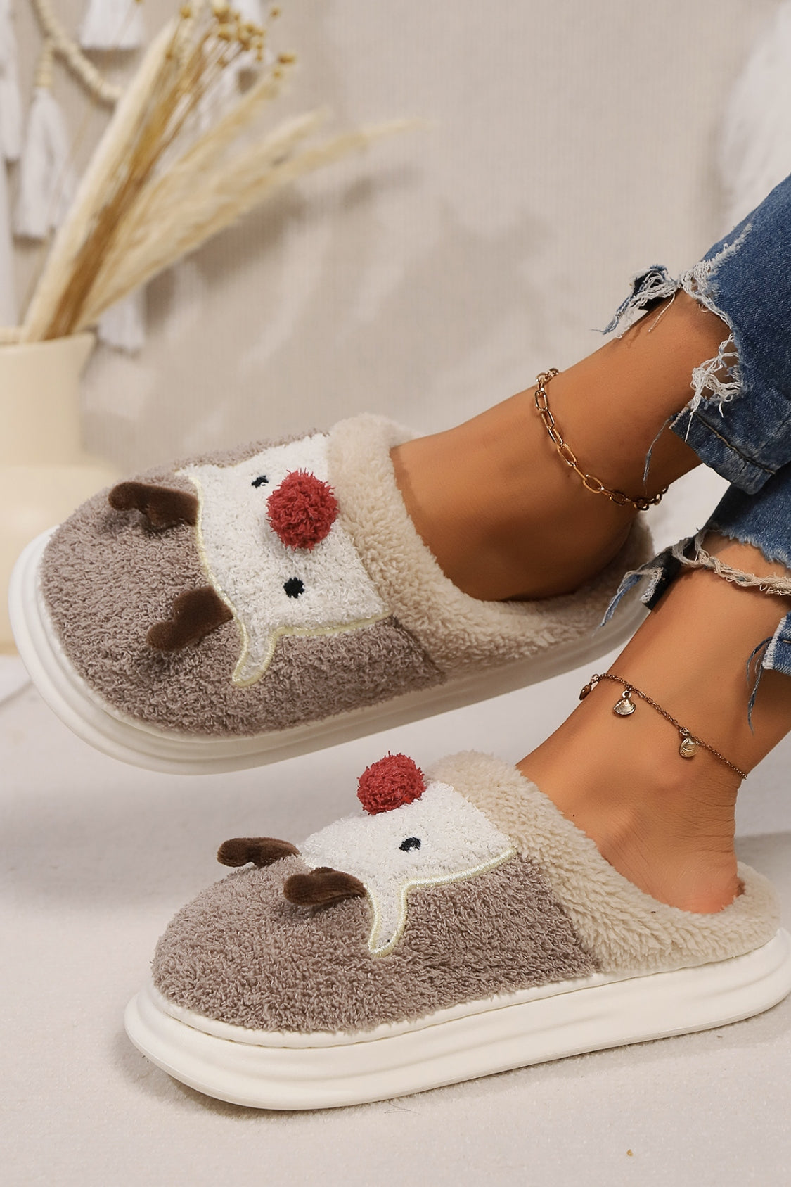 Elk Furry PVC Flat Slippers 