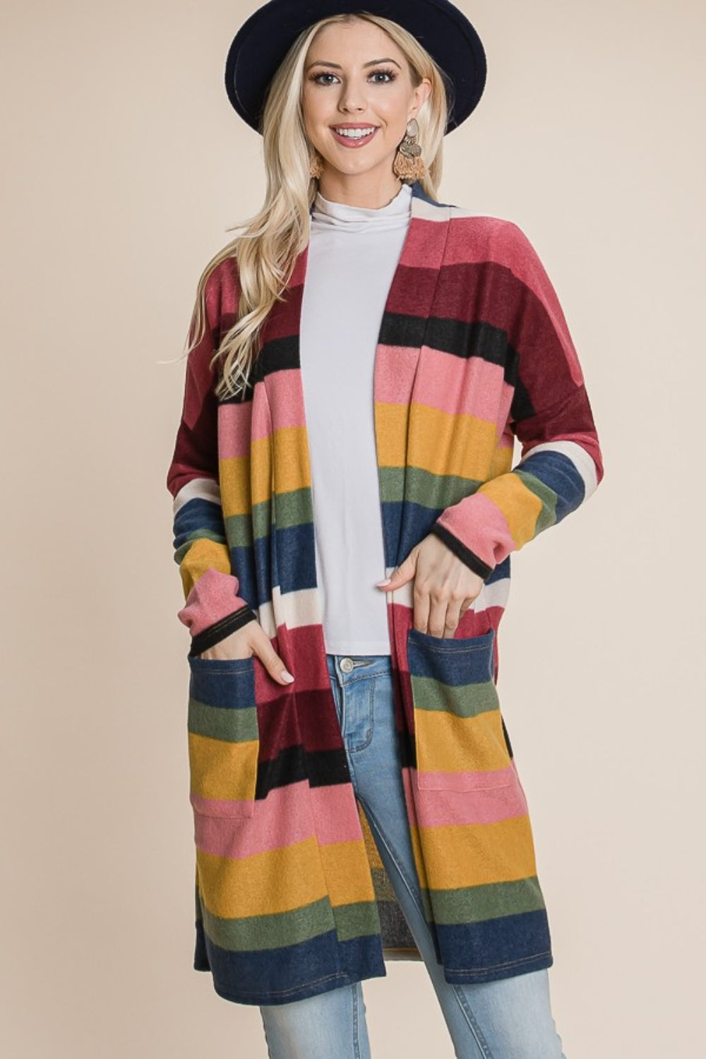 BOMBOM Color Block Striped Open Front Cardigan 