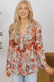 Orange Floral Print Deep V Neck Knot Bell Sleeve Blouse Tops/Blouses & Shirts