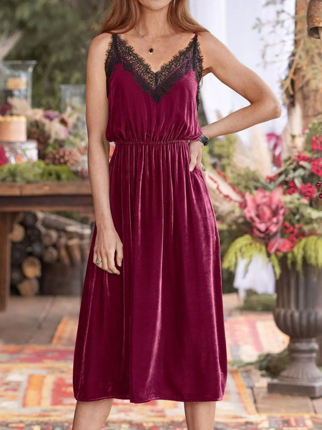 Velvet Cami Lounge Dress with Lace Trim Lingerie & Nightwear