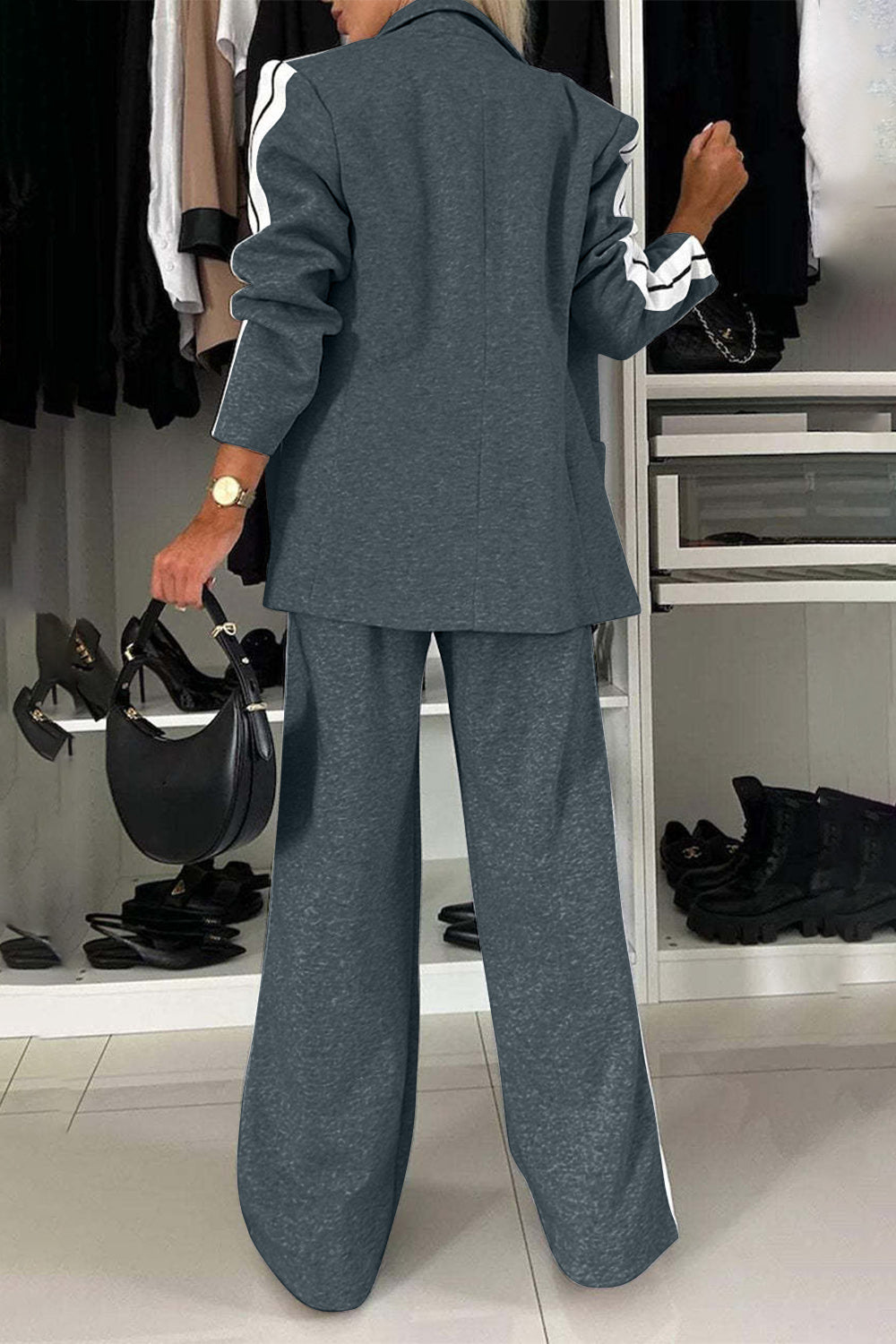 Full Size Contrast Lapel Collar Top and Pants Set 