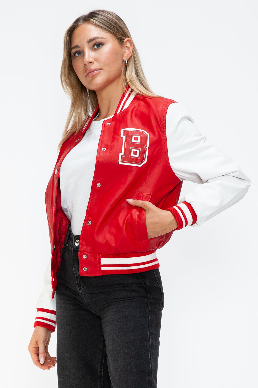 Love Me Now PU Leather Contrast Snap Down Bomber Jacket 
