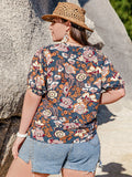 Plus Size Printed Notched Half Sleeve Blouse 