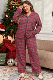 Plus Size Plaid Collared Neck Top and Pants Lounge Set 
