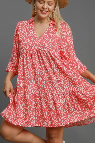 Umgee Full Size Two Tone Print Balloon Sleeve Tiered Dress Plus Size Dresses
