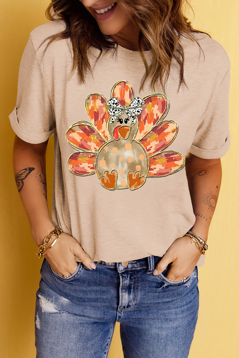 Khaki Thanksgiving Bowknot Turkey Graphic Crewneck Tee Graphic/Graphic Tees