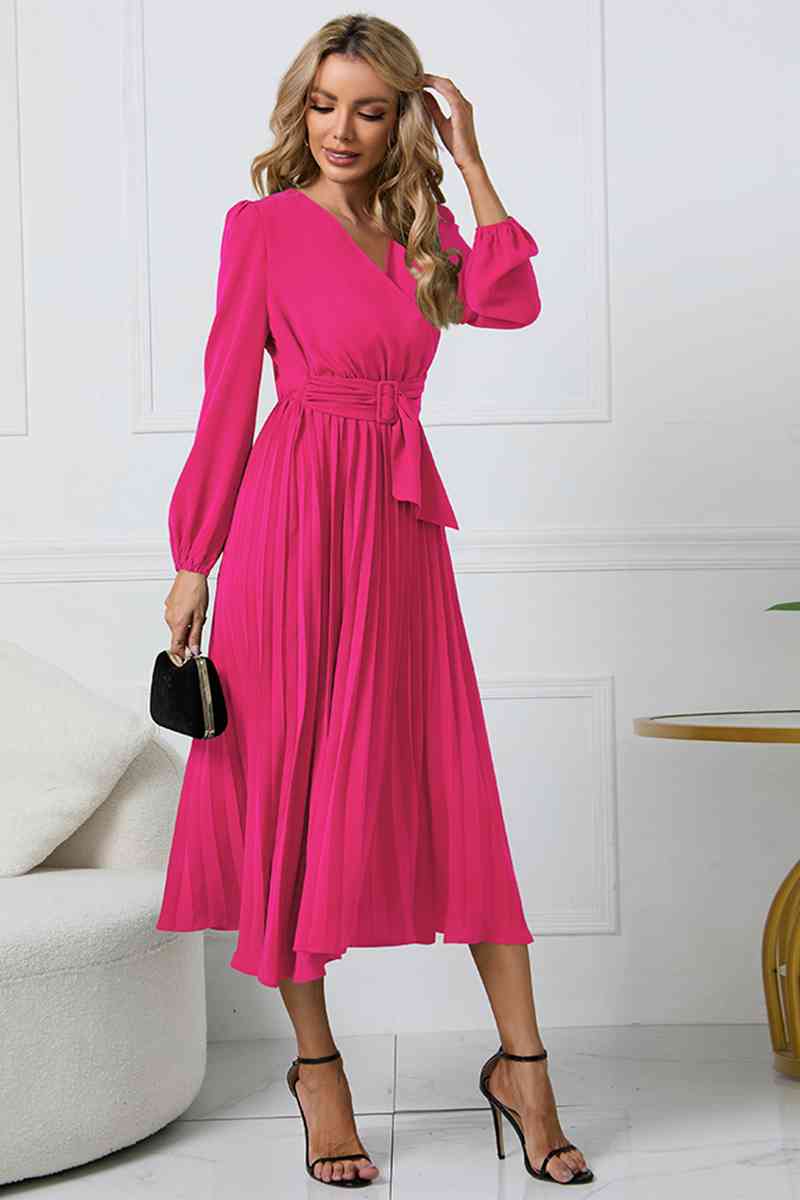 V-Neck Long Sleeve Tie Waist Midi Dress Dresses