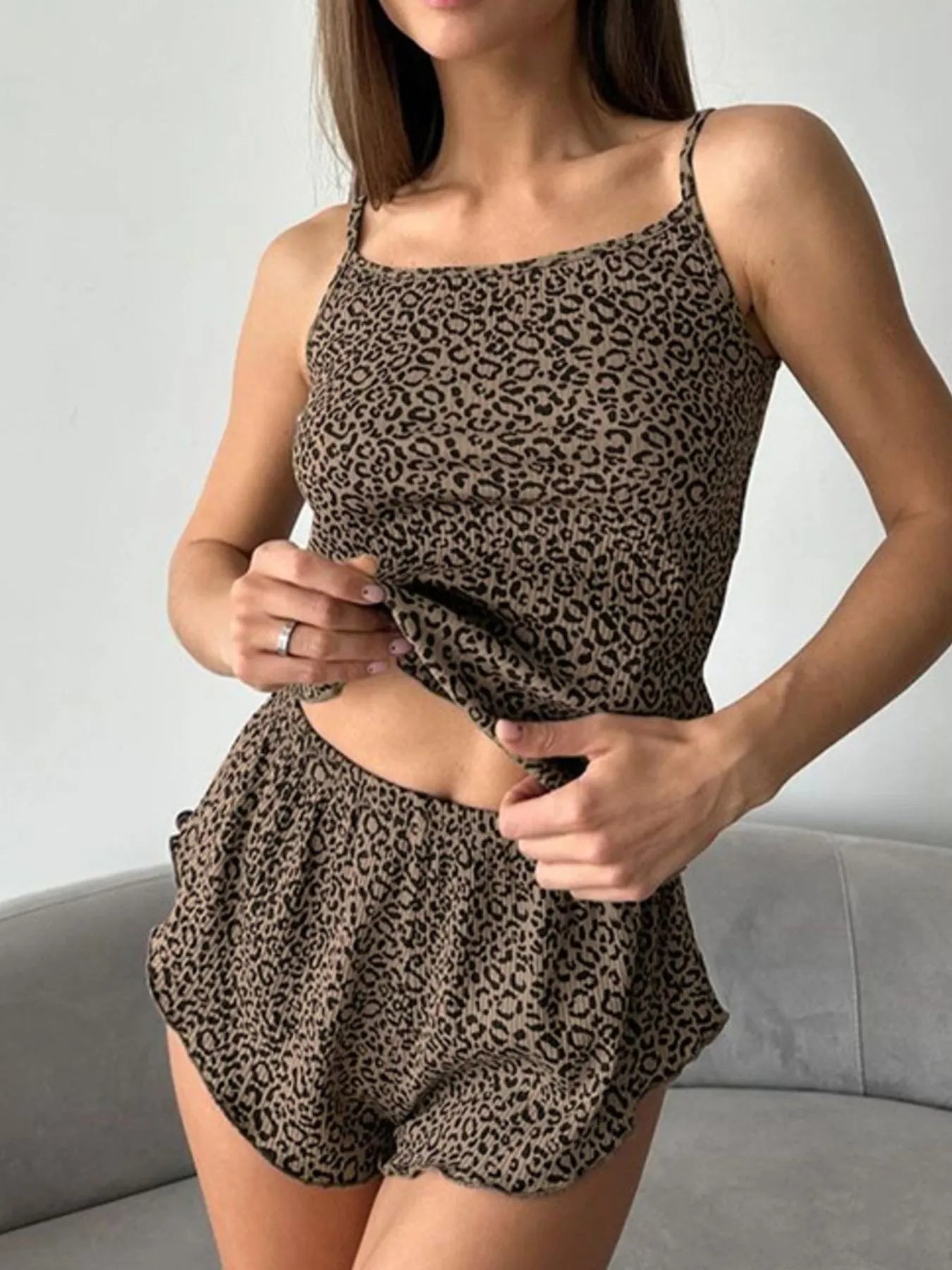 Leopard Cami Cardigan and Shorts 3-Piece Set Lingerie & Nightwear
