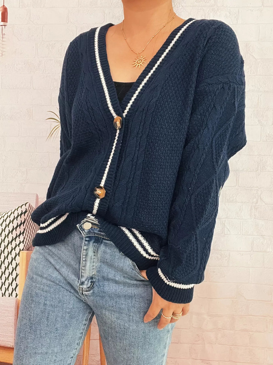 Star Pattern Button-Up Cardigan with Contrast Trim 