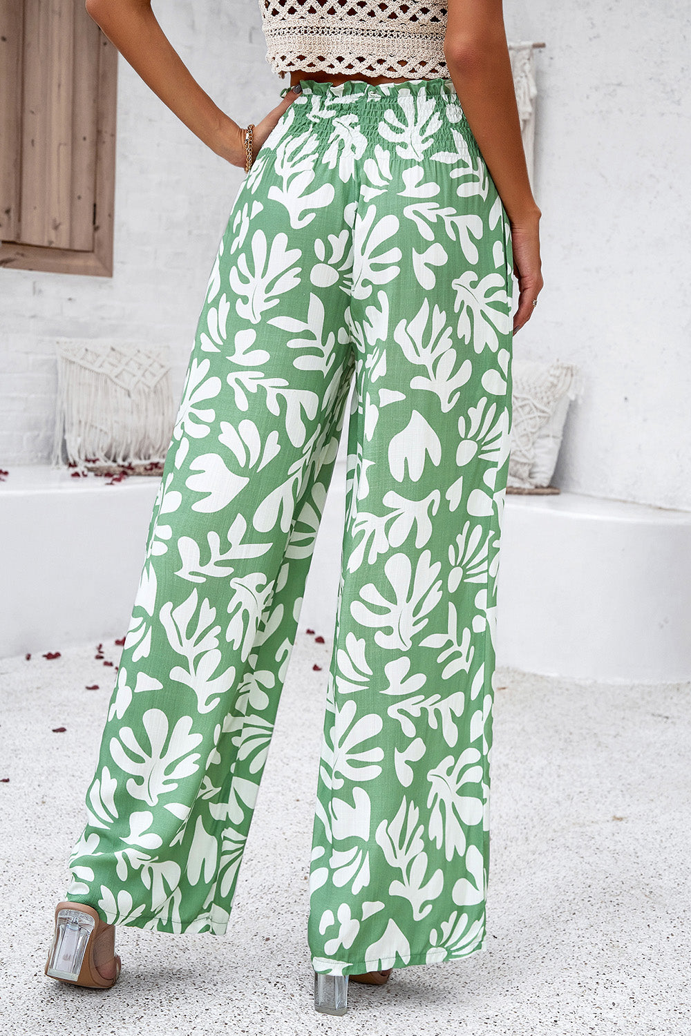 Devine Smocked Printed Wide Leg Pants with Pockets 