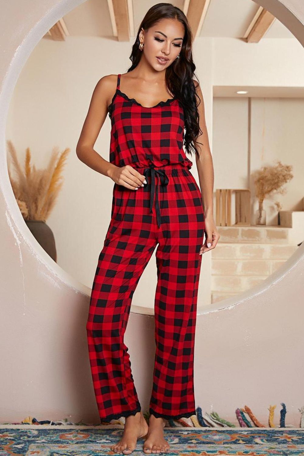 Plaid Lace Trim Spaghetti Strap Jumpsuit Lingerie & Nightwear