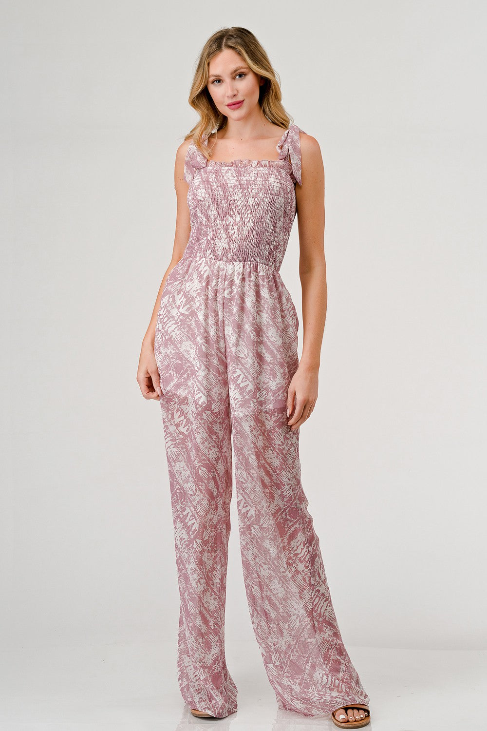 GeeGee Printed Tie Shoulder Wide Leg Jumpsuit 