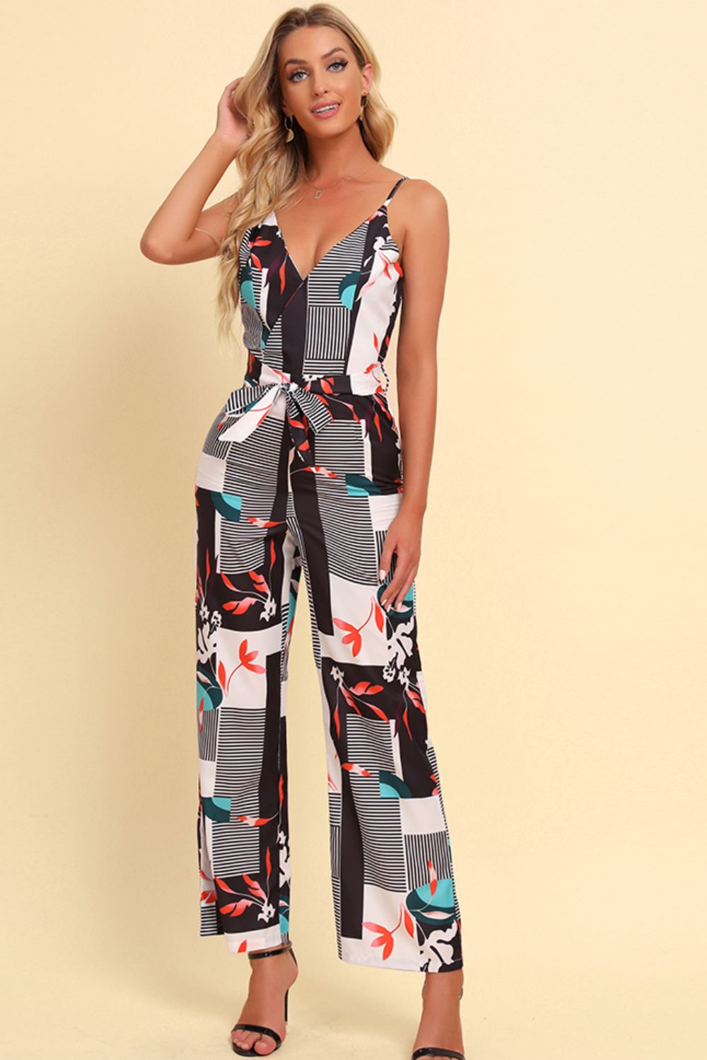 Printed Spaghetti Strap Tied Jumpsuit 