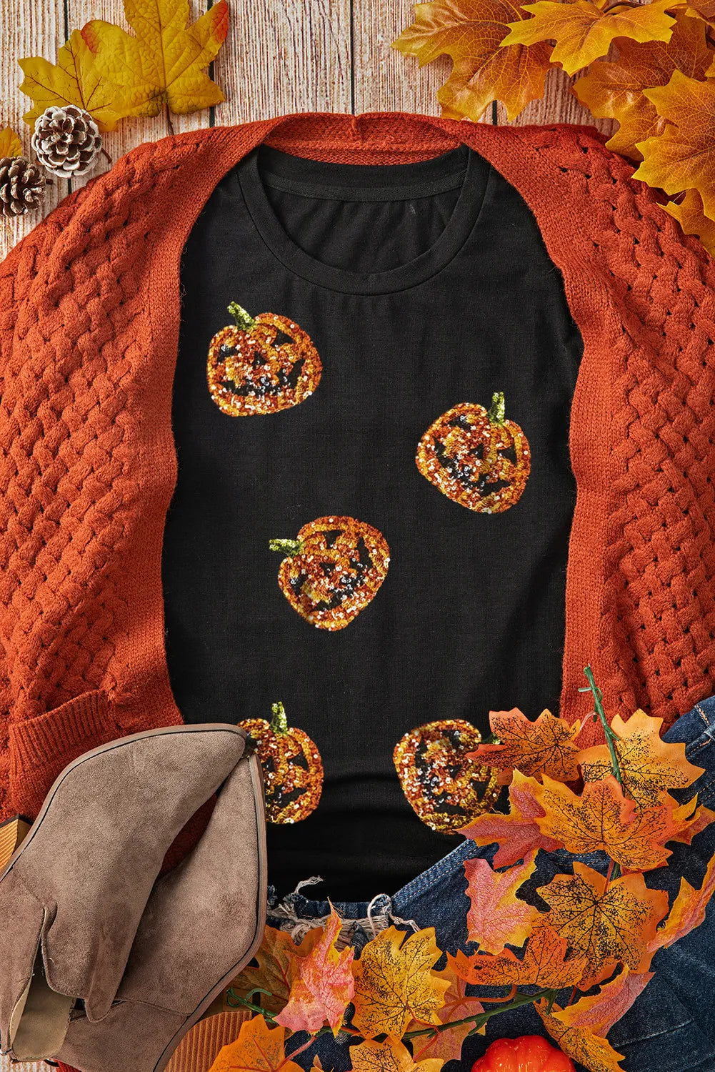 Sequin Pumpkin Round Neck Short Sleeve T-Shirt 